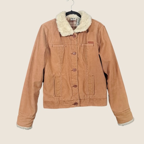 Roxy Jean Corduroy Jacket Sherpa Collar Plaid Quilted Brown Small Y2K VTG Retro - Picture 1 of 15